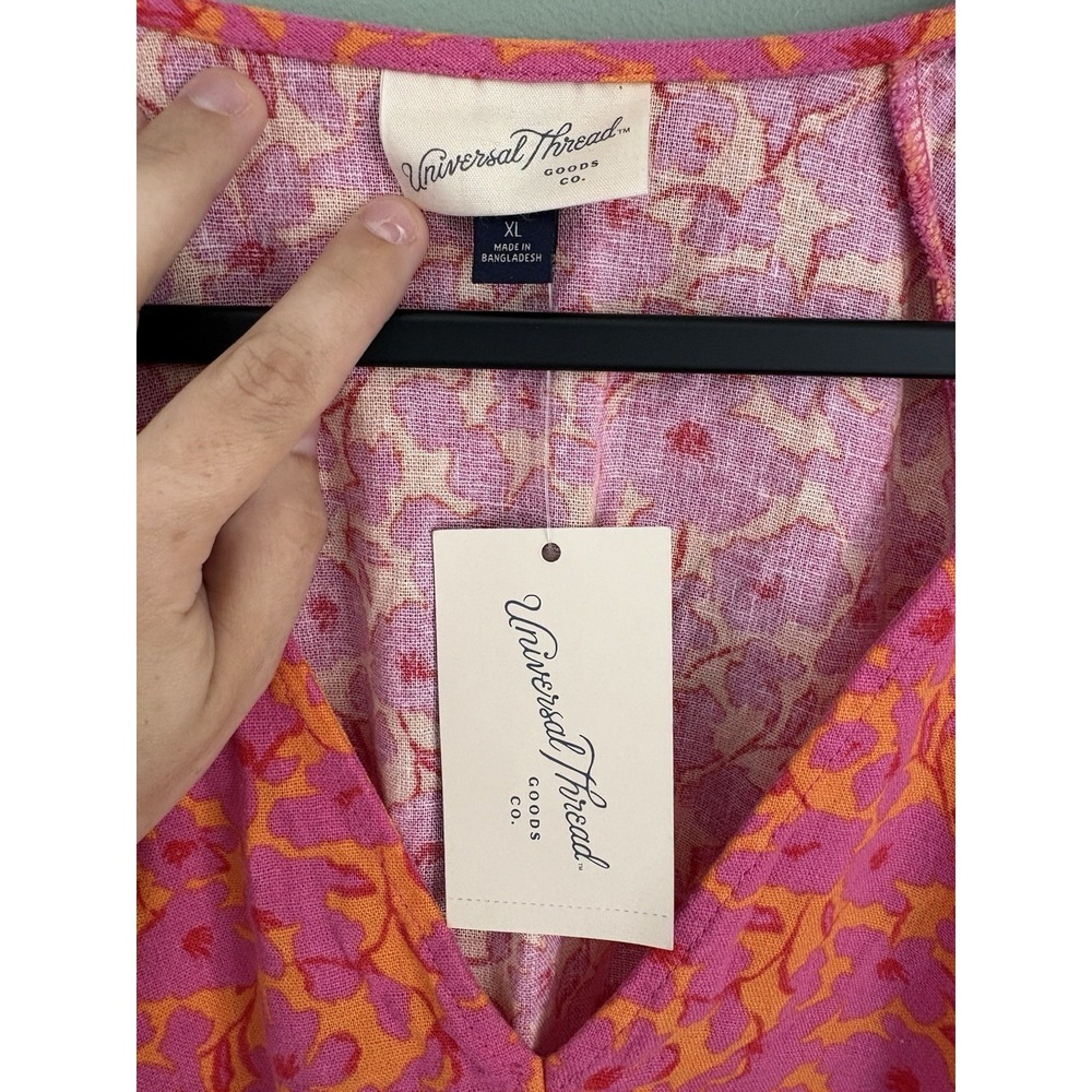 Universal Thread Women's XL Pink Orange Floral V-Neck Flutter Dress Pockets - Picture 2 of 6